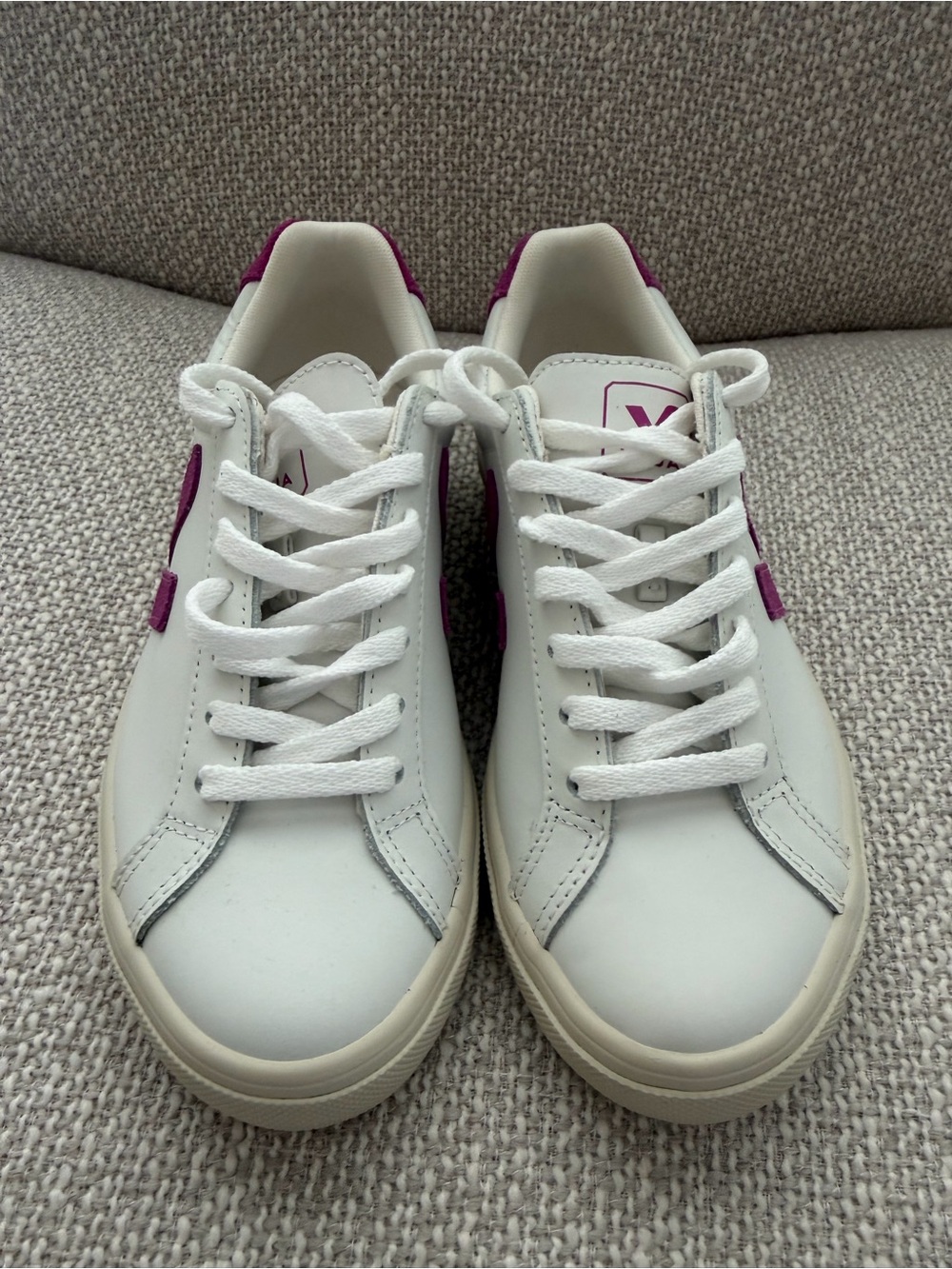 Veja White Leather Sneakers with Purple Accents